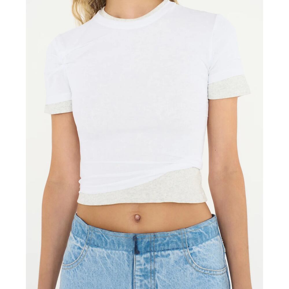 Christopher Esber Sheer Overlay Loophole Rib Tee Shirt in White & Grey AU 8 US 4